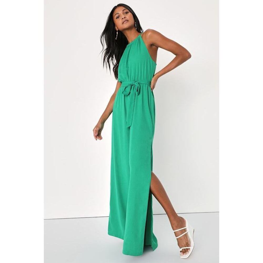 Lulus Iconic Statement Green Belted Halter Wide Leg Jumpsuit - Size M